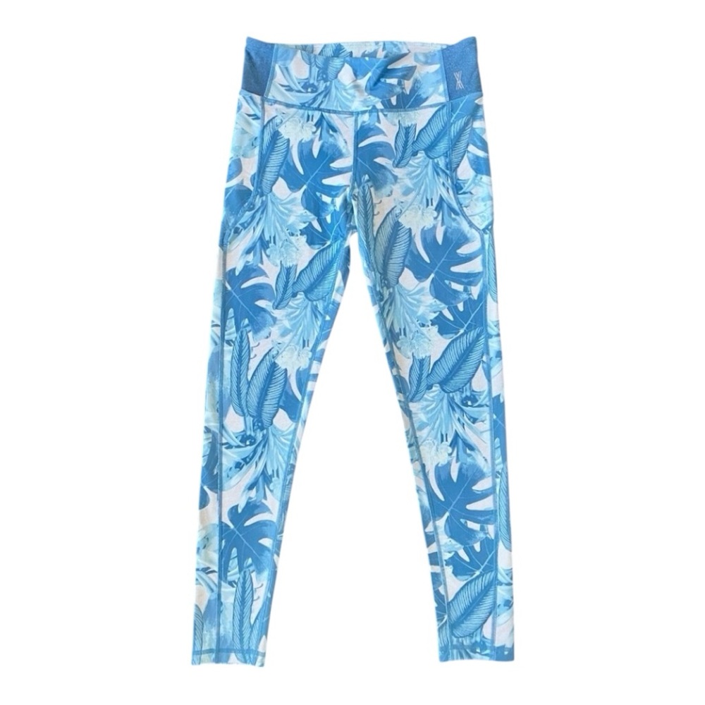 AXS Palm Leaf Tropical Print Leggings Blue White Women's Size Small